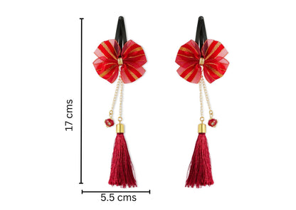 Combo - A festive set of 1 pair red beaded tassle earrings & 1 matching tic tacs with bows (4 Qty) - Red