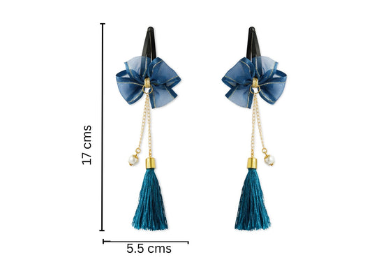 Combo - A festive set of 1 pair navy blue beaded tassle earrings & 1 matching tic tacs with bows (4 Qty) - Navy Blue