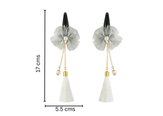 Combo - A festive set of 1 pair white beaded tassle earrings & 1 matching tic tacs with bows (4 Qty) - White