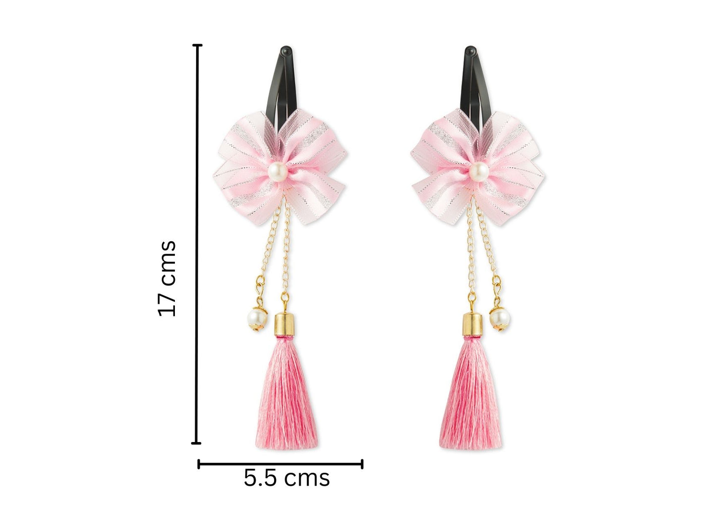 Combo - A festive set of 1 pair pink beaded tassle earrings & 1 matching tic tacs with bows (4 Qty) - Pink