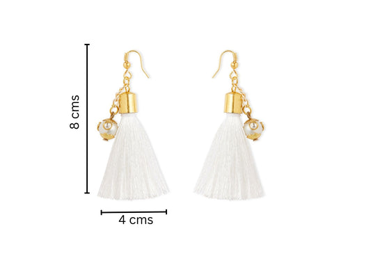 Combo - A festive set of 1 pair white beaded tassle earrings & 1 matching bracelet (3 Qty) - White