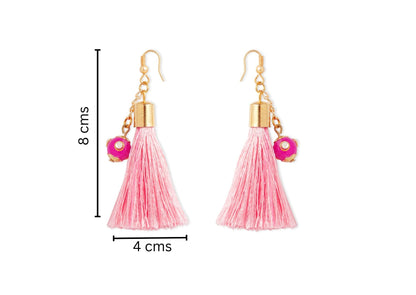 Combo - A festive set of 1 pair pink beaded tassle earrings & 1 matching tic tacs with bows (4 Qty) - Pink