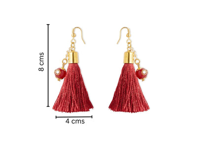 Combo - A festive set of 1 pair red beaded tassle earrings & 1 matching bracelet (3 Qty) - Red