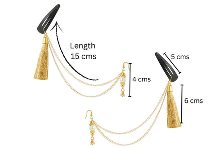 Combo - A festive set of 1 pair golden beaded tassle with chain earrings & 1 matching bracelet (3 Qty) - Golden