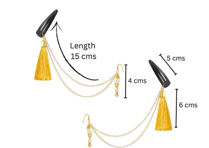 Combo - A festive set of 1 pair yellow beaded tassle with chain earrings & 1 matching bracelet (3 Qty) - Yellow