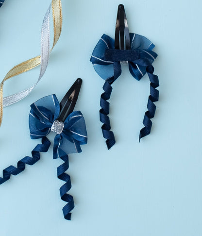 A pair of shiny organza bow on tic-tac with dangler - Navy Blue, Silver