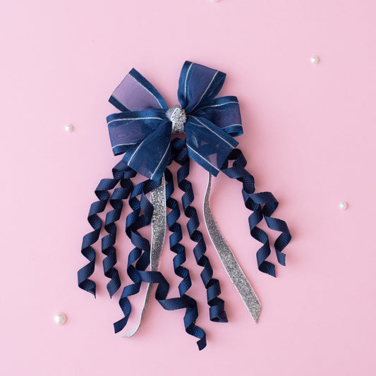 A pinwheel bow on alligator pins with dangler - Navy blue, Silver