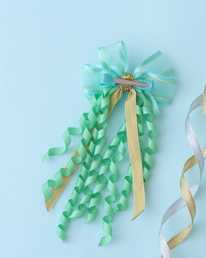 A pinwheel bow on alligator pins with danglers - Sea green, Gold
