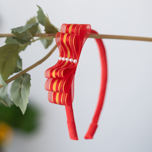 A shiny organza loopy bow hairband (1 nos) - Red, Gold