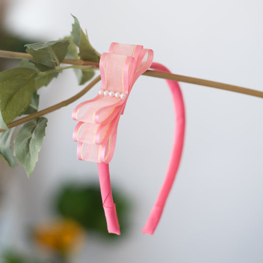 A shiny organza loopy bow hairband (1 nos) - Peach, Gold