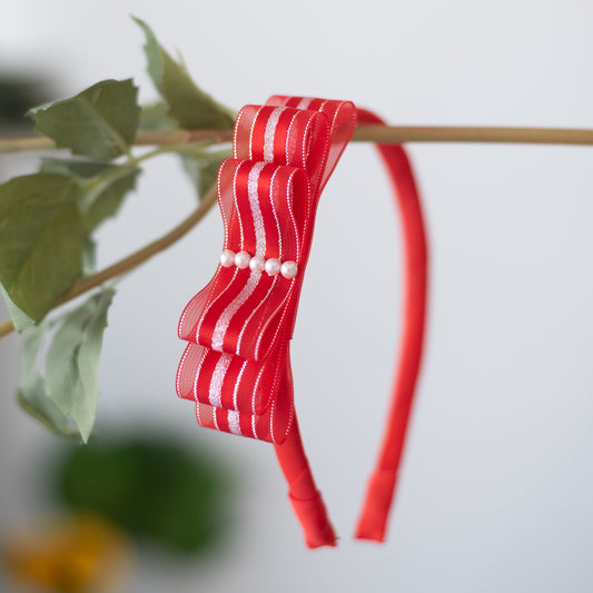 A shiny organza loopy bow hairband (1 nos) - Red, Silver