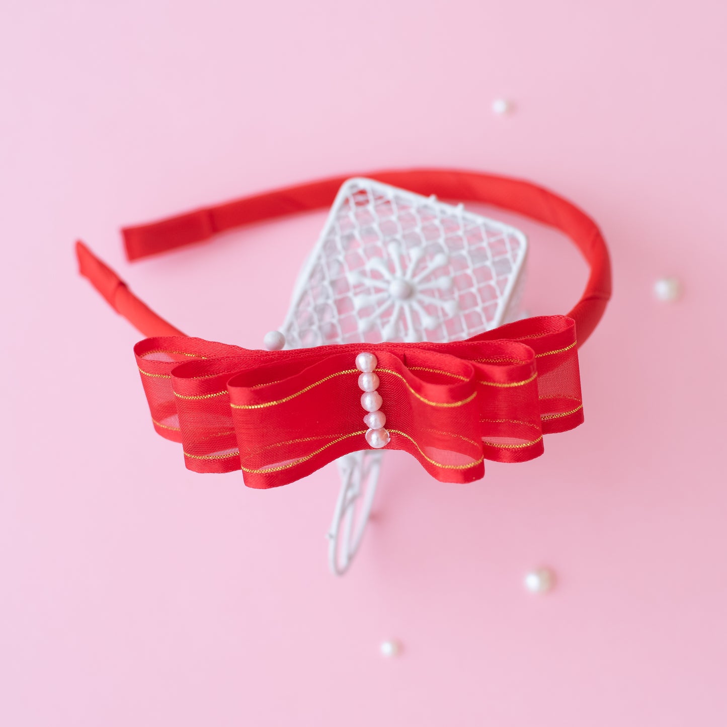 A shiny organza loopy bow hairband (1 nos) - Red, Gold