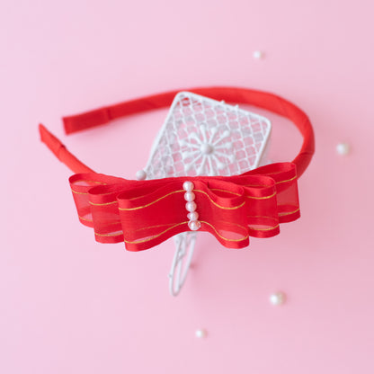 A shiny organza loopy bow hairband (1 nos) - Red, Gold