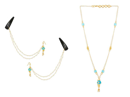 Combo - A festive set of 1 pair light blue bead chain earrings with tic-tacs & 1 bead necklace. (3 Qty) - Light Blue