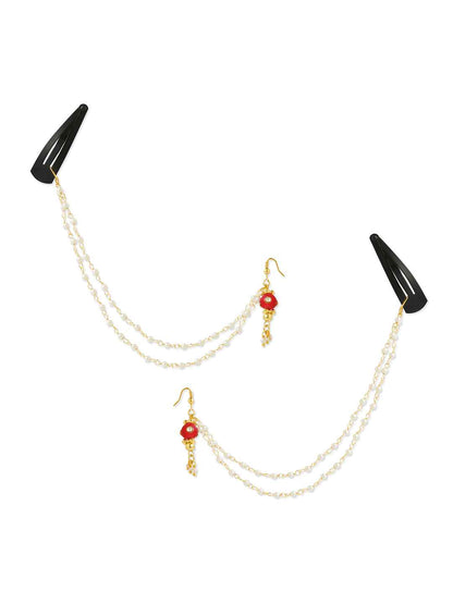 Combo - A festive set of 1 pair red bead chain earrings with tic-tacs & 1 green bead necklace. (3 Qty) - Red