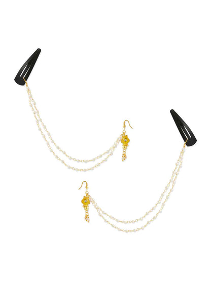 Combo - A festive set of 1 pair yellow bead chain earrings with tic-tacs & 1 green bead necklace. (3 Qty) - Yellow