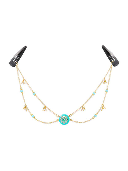 Festive sea green head-chain (maang-tikka) with tic-tac pins (1 Qty) - Sea Green