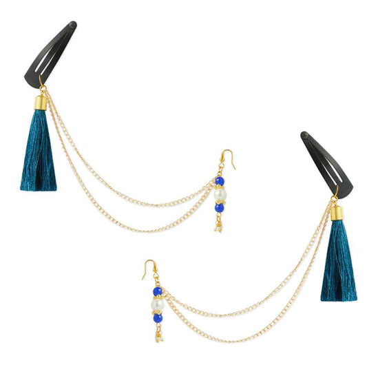 Festive blue 1 pair chain earrings with chain and tassles and tic-tacs pins (2 Qty) - Blue