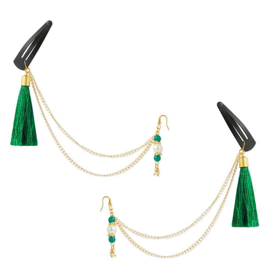 Festive green 1 pair chain earrings with chain and tassles and tic-tacs pins (2 Qty) - Green