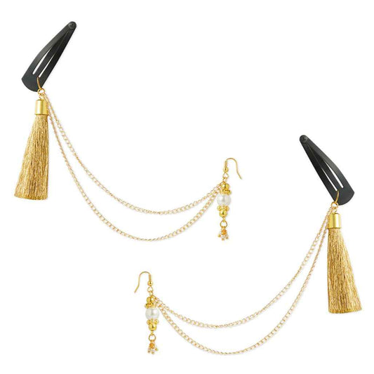 Festive golden 1 pair chain earrings with chain and tassles and tic-tacs pins (2 Qty) - Golden