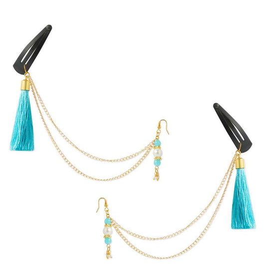 Festive light blue 1 pair chain earrings with chain and tassles and tic-tacs pins (2 Qty) - Light Blue