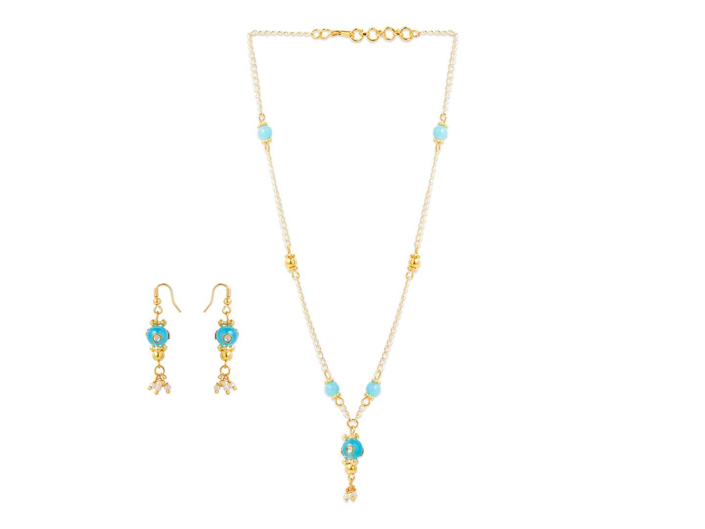 Combo - A festive set of 1 pair light blue beaded earrings & 1 bead necklace. (3 Qty) Light blue