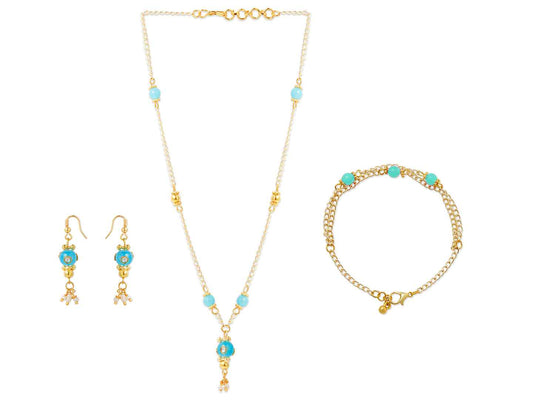 Combo - A festive set of 1 pair light blue beaded earrings, 1 bead necklace & 1 bracelet (4 Qty) - Light Blue