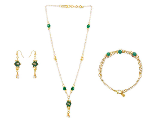 Combo - A festive set of 1 pair green beaded earrings, 1 bead necklace & 1 bracelet (4 Qty) - Green