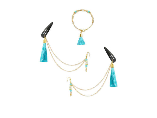 Combo - A festive set of 1 pair light blue beaded tassle with chain earrings & 1 matching bracelet (3 Qty) - Light Blue