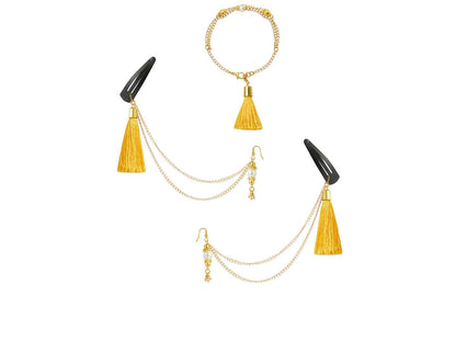 Combo - A festive set of 1 pair yellow beaded tassle with chain earrings & 1 matching bracelet (3 Qty) - Yellow