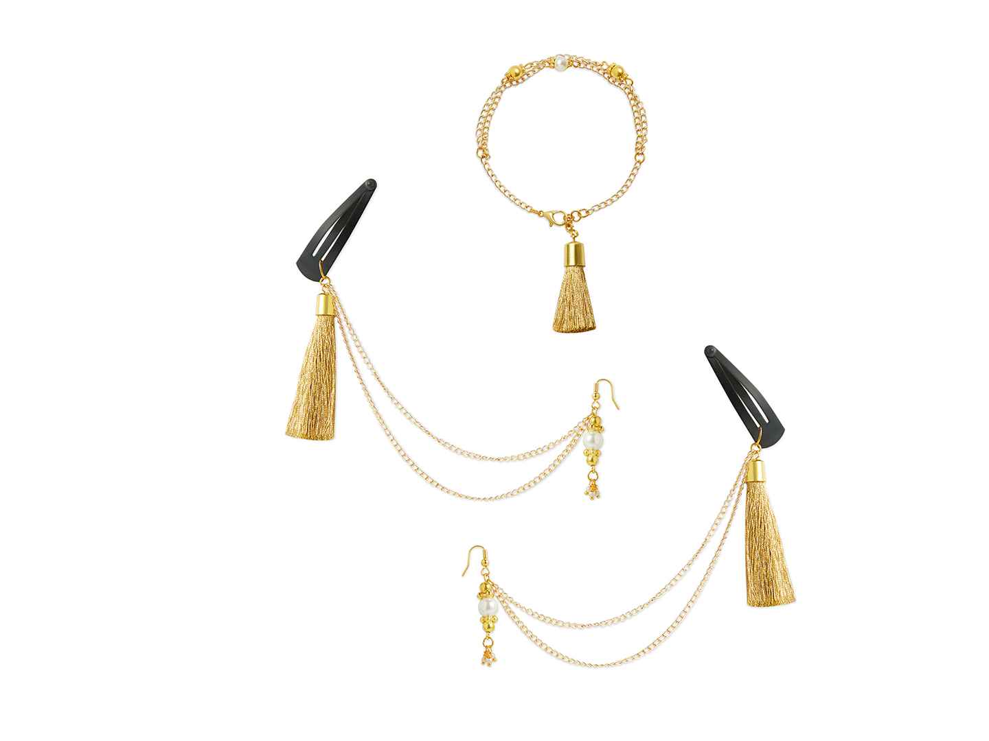 Combo - A festive set of 1 pair golden beaded tassle with chain earrings & 1 matching bracelet (3 Qty) - Golden