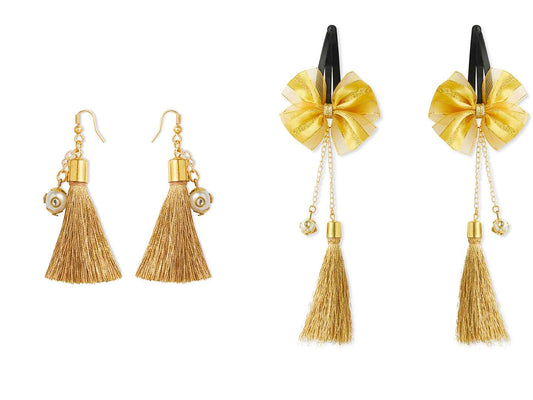 Combo - A festive set of 1 pair golden beaded tassle earrings & 1 matching tic tacs with bows (4 Qty) - Golden