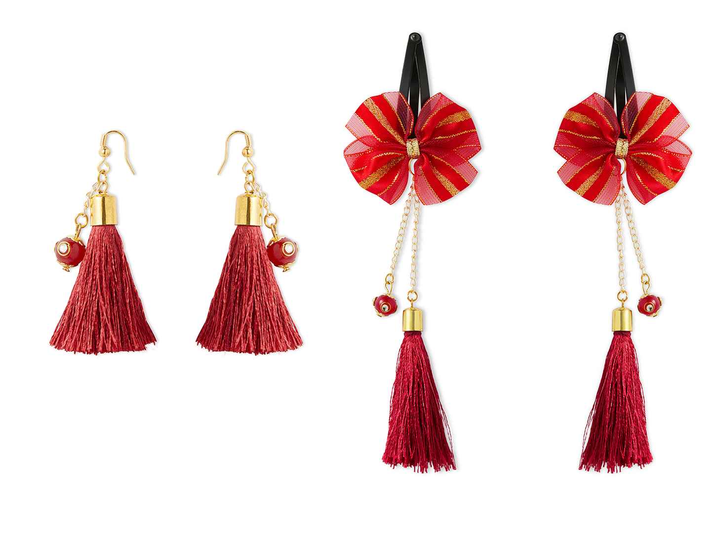 Combo - A festive set of 1 pair red beaded tassle earrings & 1 matching tic tacs with bows (4 Qty) - Red