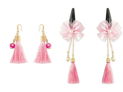 Combo - A festive set of 1 pair pink beaded tassle earrings & 1 matching tic tacs with bows (4 Qty) - Pink