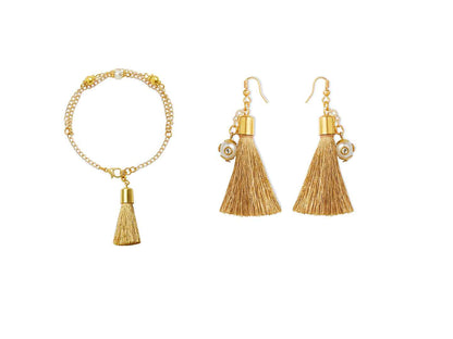 Combo - A festive set of 1 pair golden beaded tassle earrings & 1 matching bracelet (3 Qty) - Golden