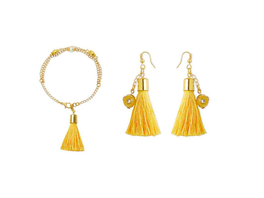 Combo - A festive set of 1 pair yellow beaded tassle earrings & 1 matching bracelet (3 Qty) - Yellow