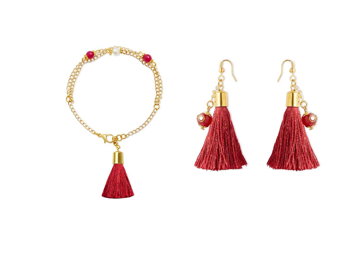 Combo - A festive set of 1 pair red beaded tassle earrings & 1 matching bracelet (3 Qty) - Red