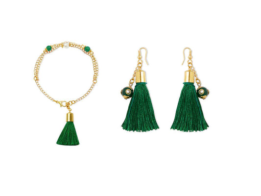 Combo - A festive set of 1 pair green beaded tassle earrings & 1 matching bracelet (3 Qty)- Green