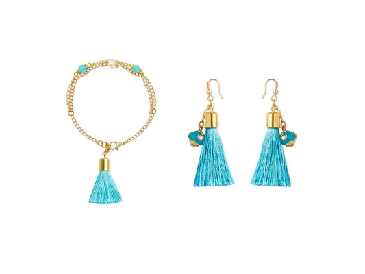 Combo - A festive set of 1 pair light blue beaded tassle earrings & 1 matching bracelet (3 Qty) - Light Blue