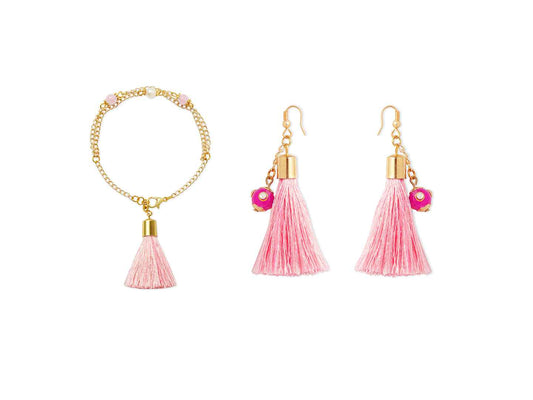 Combo - A festive set of 1 pair light pink beaded tassle earrings & 1 matching bracelet (3 Qty) - Light Pink