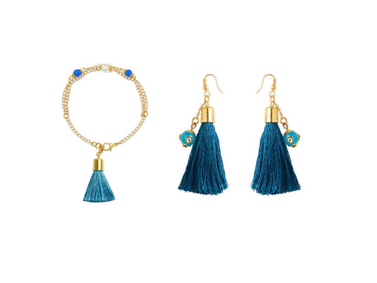 Combo - A festive set of 1 pair blue beaded tassle earrings & 1 matching bracelet (3 Qty) - Blue