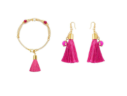 Combo - A festive set of 1 pair pink beaded tassle earrings & 1 matching bracelet (3 Qty) - Pink