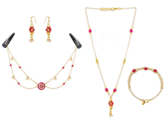 Combo - A festive set of 1 pair pink beaded earrings, 1 necklace, 1 bracelet & 1 head-chain (maang -tikka) with tic tacs (3 Qty) -Pink