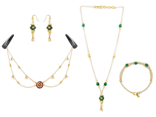 Combo - A festive set of 1 pair golden and green beaded earrings, 1 necklace, 1 bracelet & 1 head-chain (maang -tikka) with tic tacs (3 Qty) - Golden, Green