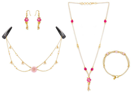 Combo - A festive set of 1 pair pink and golden  beaded earrings, 1 necklace, 1 bracelet & 1 head-chain (maang -tikka) with tic tacs (3 Qty) - Pink, Golden