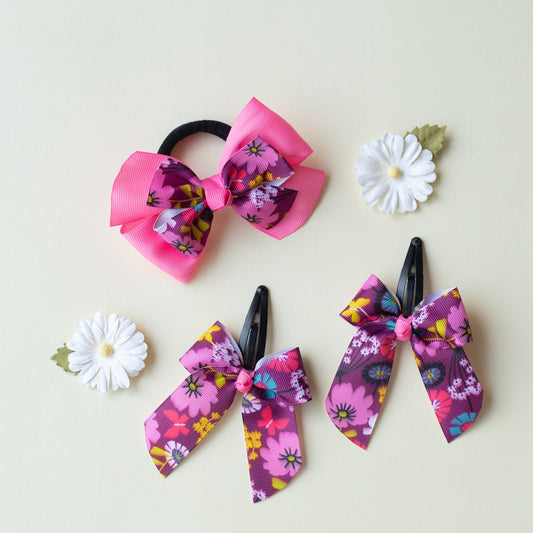 Combo : Cute flower print bow on tic-tac pins and dual bow rubberband - Pink and Magenta