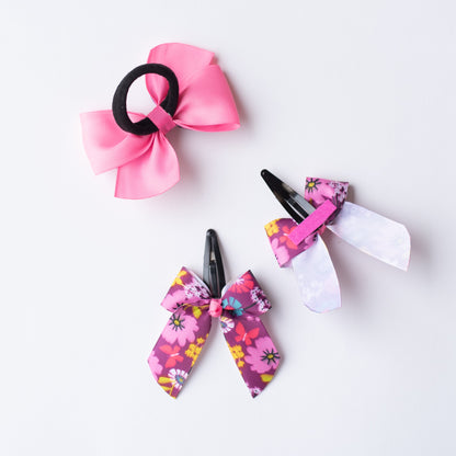 Combo : Cute flower print bow on tic-tac pins and dual bow rubberband - Pink and Magenta