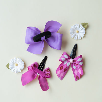 Combo : Cute checkered print bow on tic-tac pins and dual bow rubberband - Pink and Purple