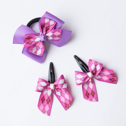 Combo : Cute checkered print bow on tic-tac pins and dual bow rubberband - Pink and Purple