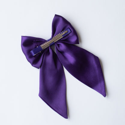 Big fancy satin bow on alligator clip embellished with pearls - Dark Purple